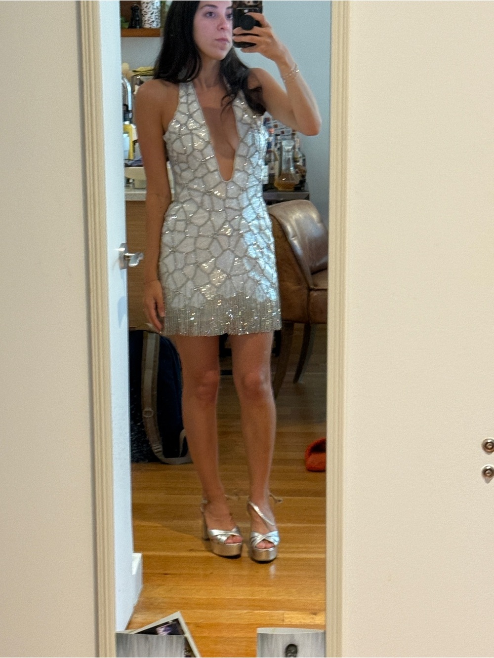 Rosie Etienne  NATALIA Dress Hand-beaded plunging halter silver/ white dress - Picture 7 of 10